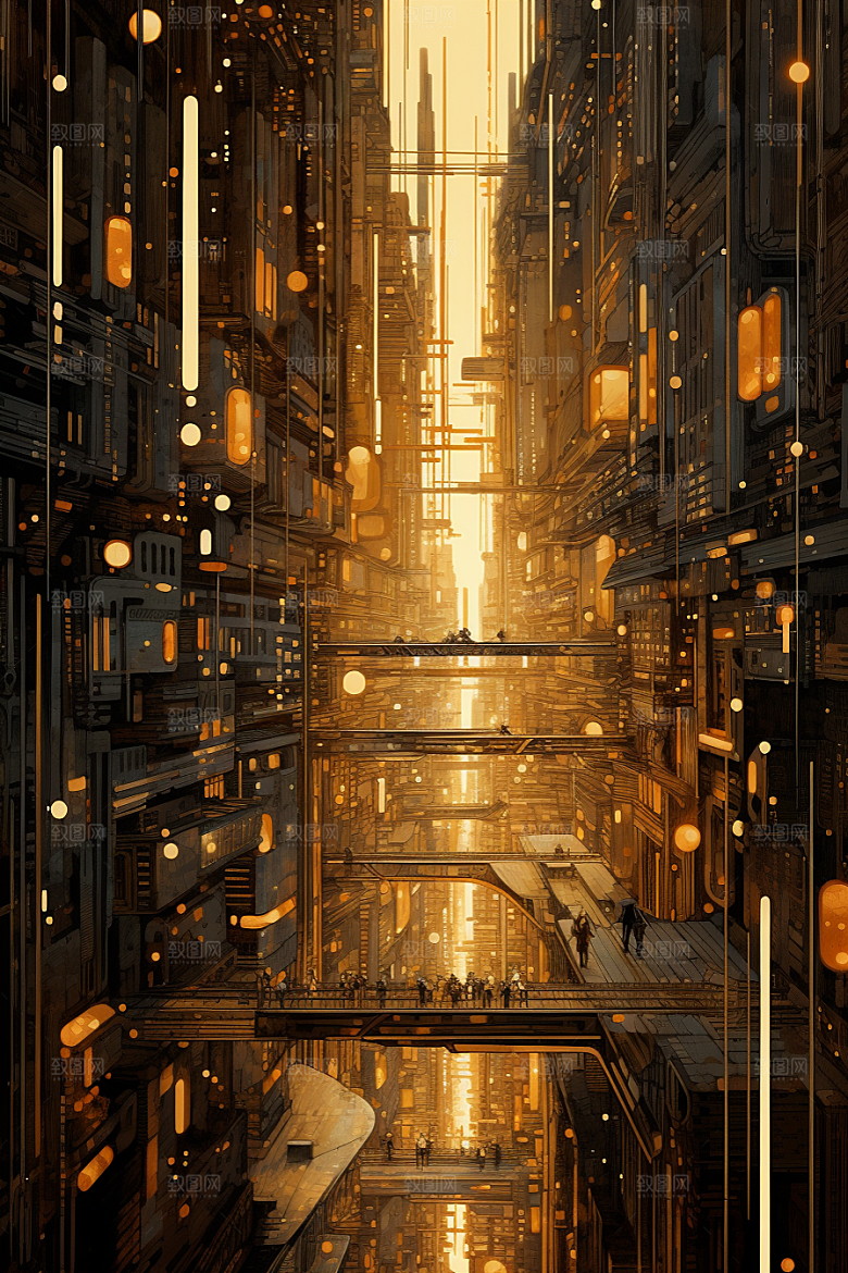 金色现代都市建筑未来原画