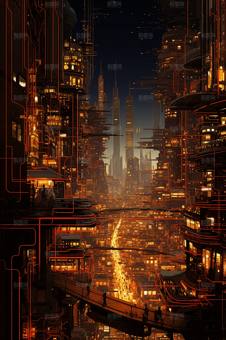 金色现代都市建筑光影原画