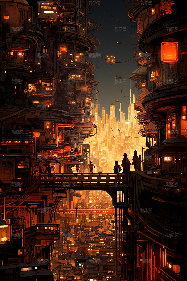 金色现代都市未来光影原画
