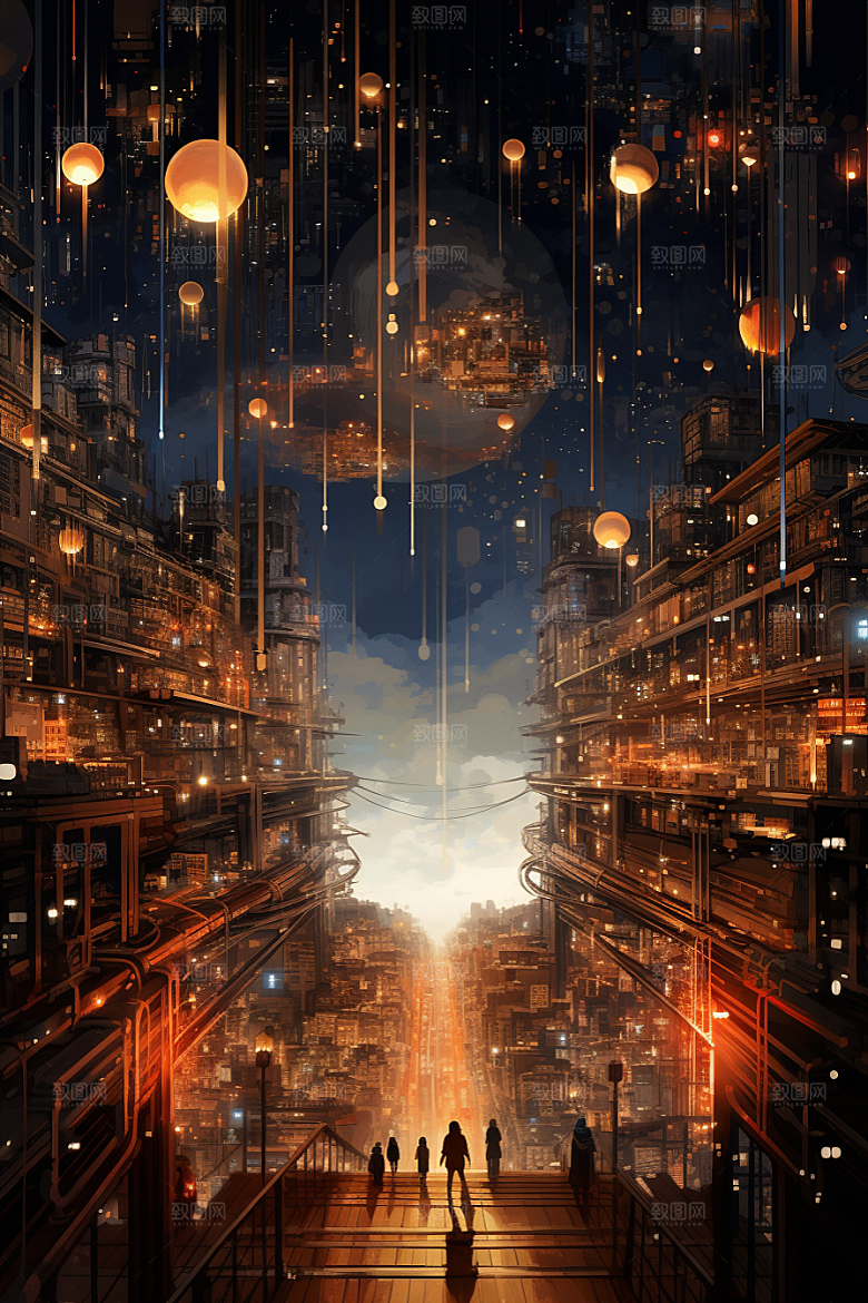 金色现代都市未来光影原画