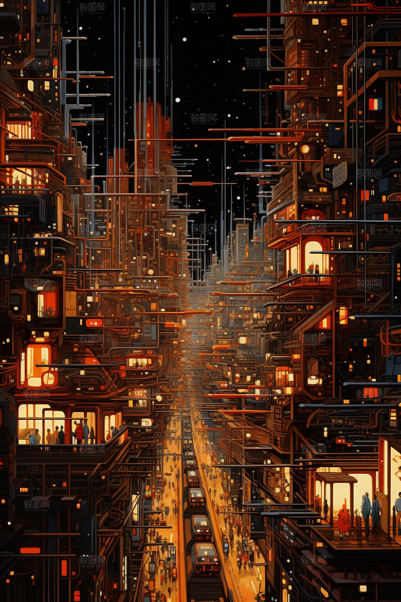 金色现代都市未来城市原画