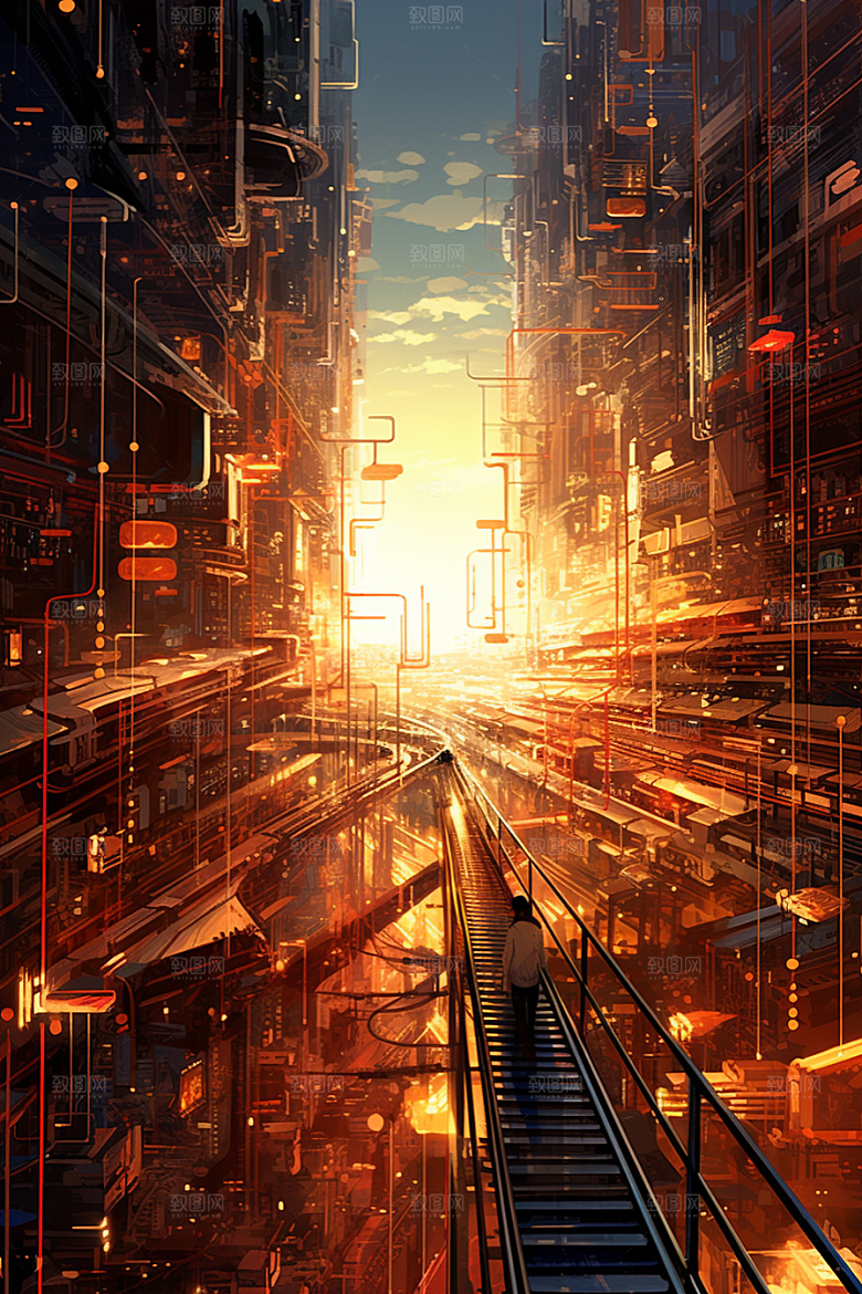 金色现代都市科技感城市原画
