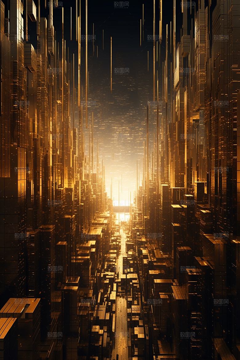 金色现代都市科幻建筑原画