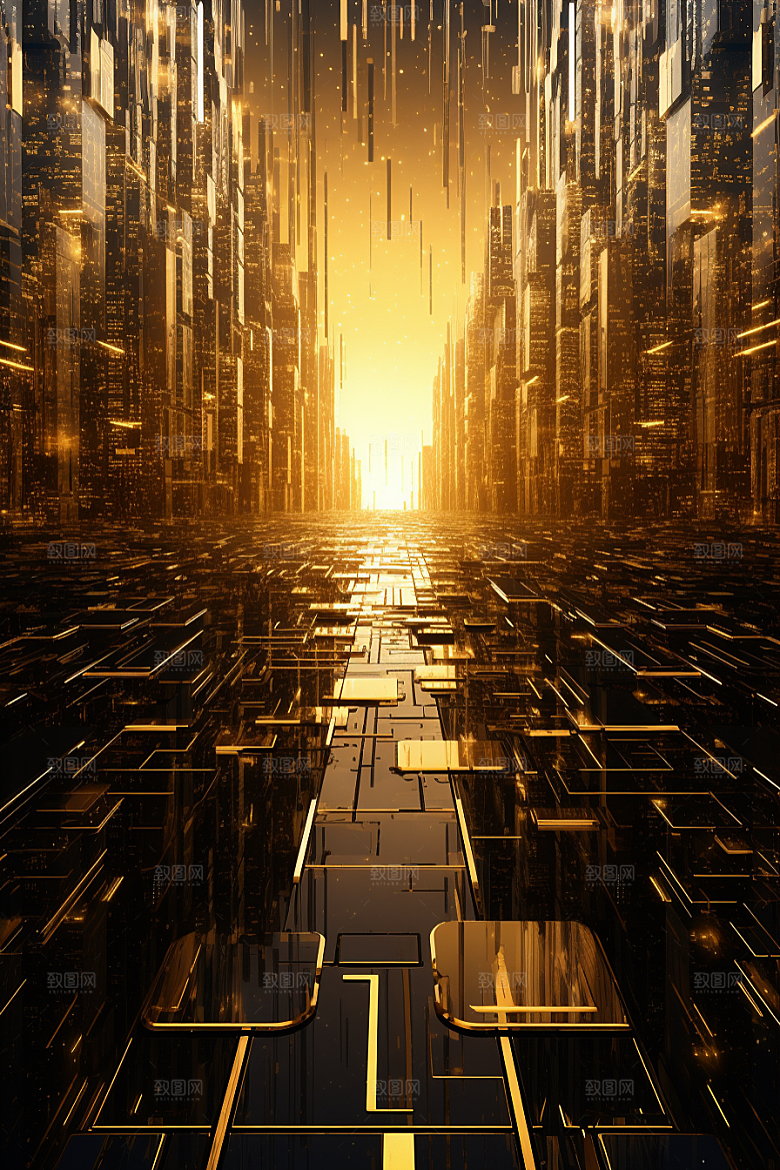 金色现代都市科技感建筑原画
