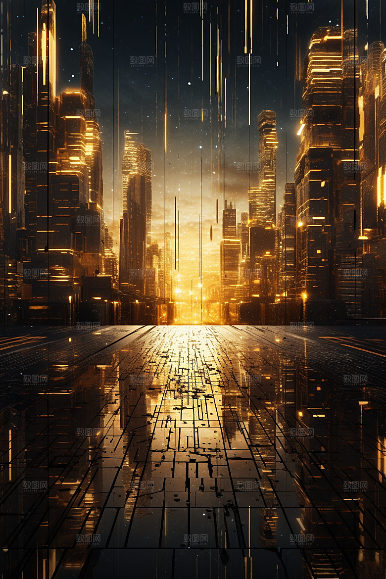 金色现代都市建筑科技感原画