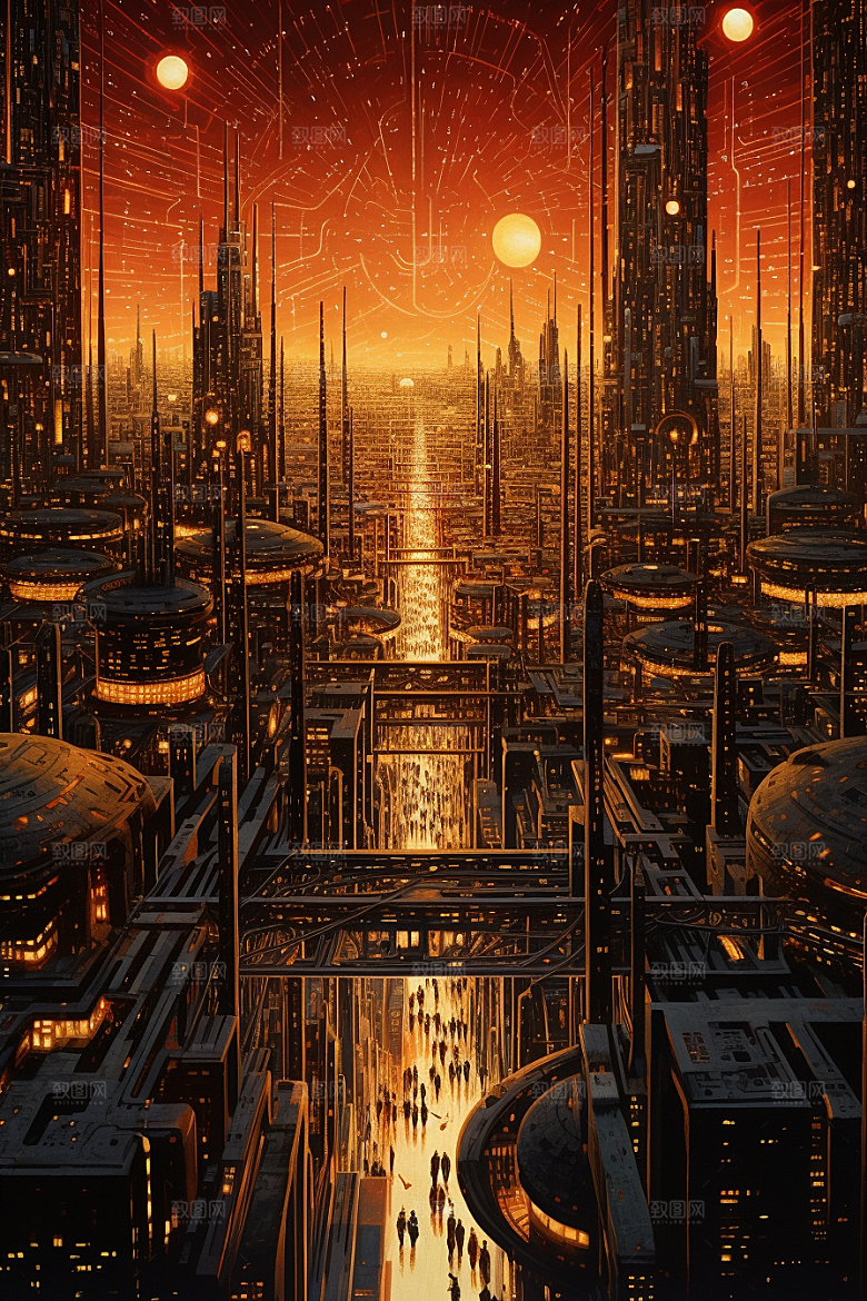 金色现代都市建筑光影原画