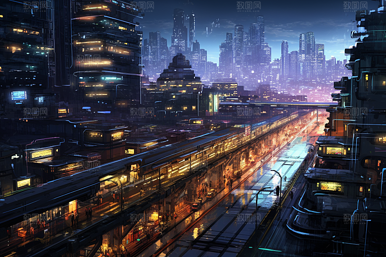 金色现代都市科技感建筑原画