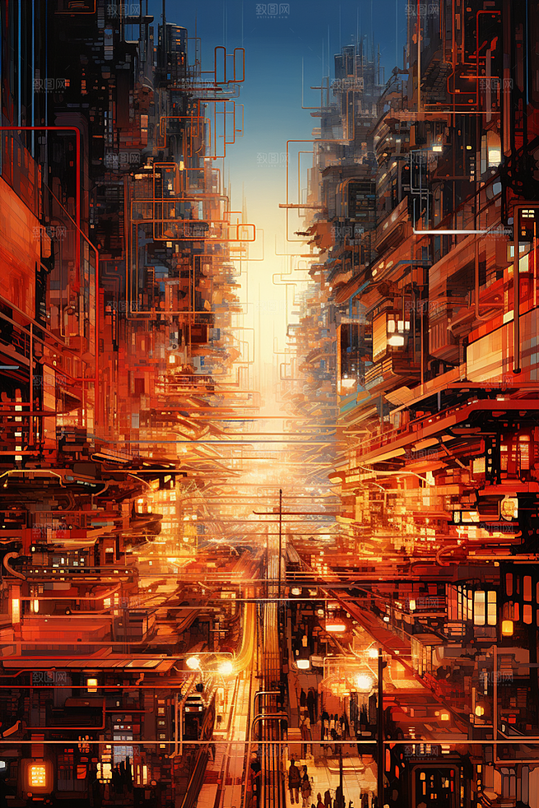 金色现代都市科幻科技感原画