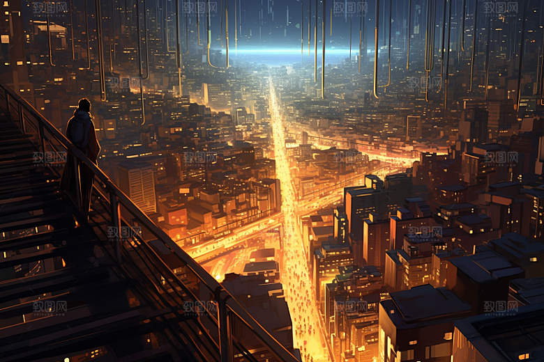金色现代都市未来光影原画