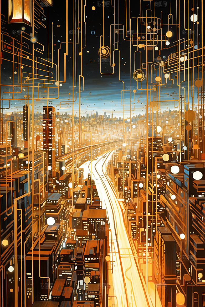 金色现代都市建筑光影原画