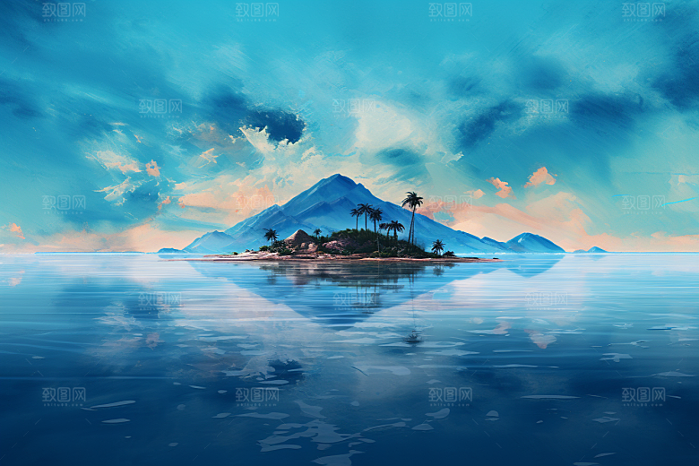 海岛水天一色清新插画