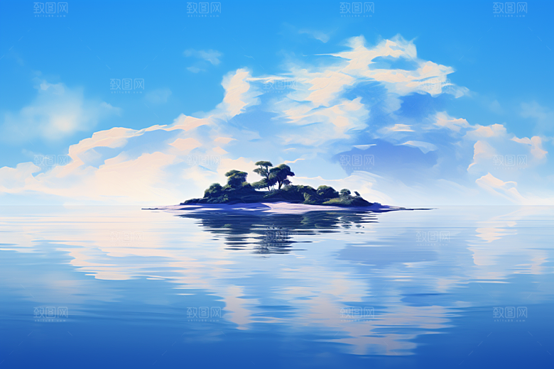 海岛水天一色孤岛插画