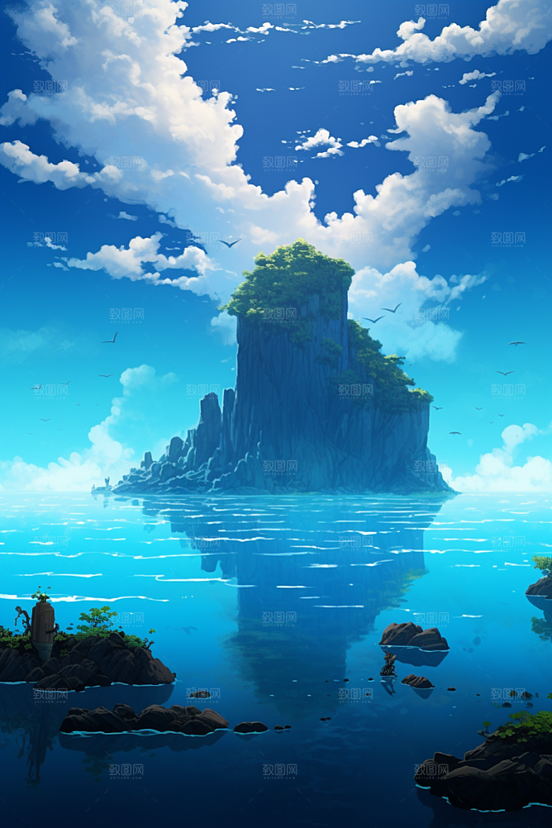 海岛高清水天一色插画