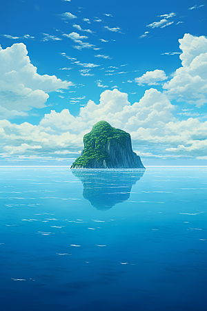 海岛水天一色孤岛插画