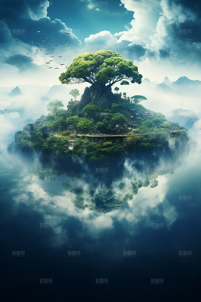 海岛孤岛梦幻插画