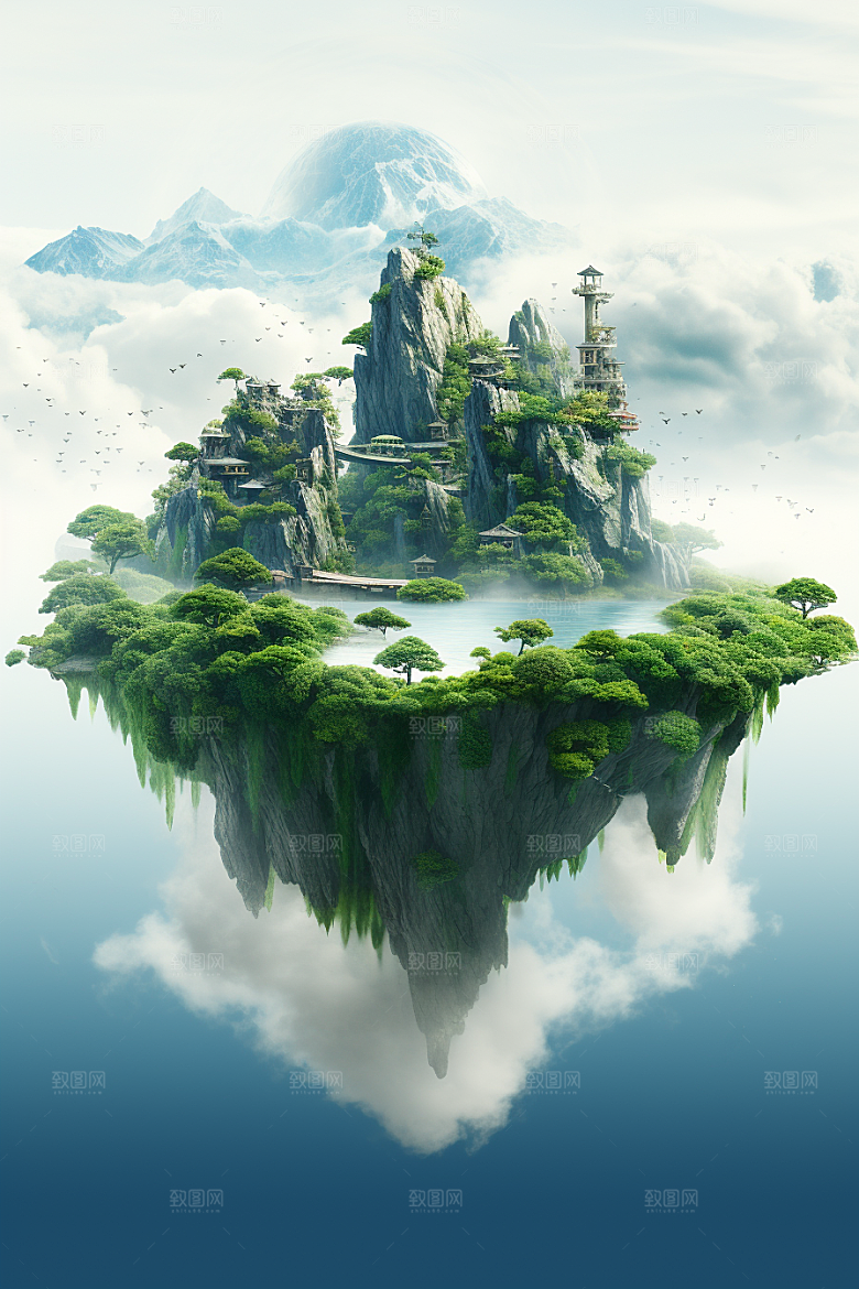 海岛艺术水天一色插画