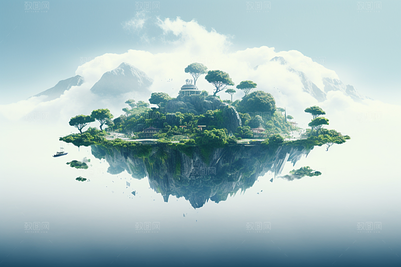 海岛水天一色梦幻插画