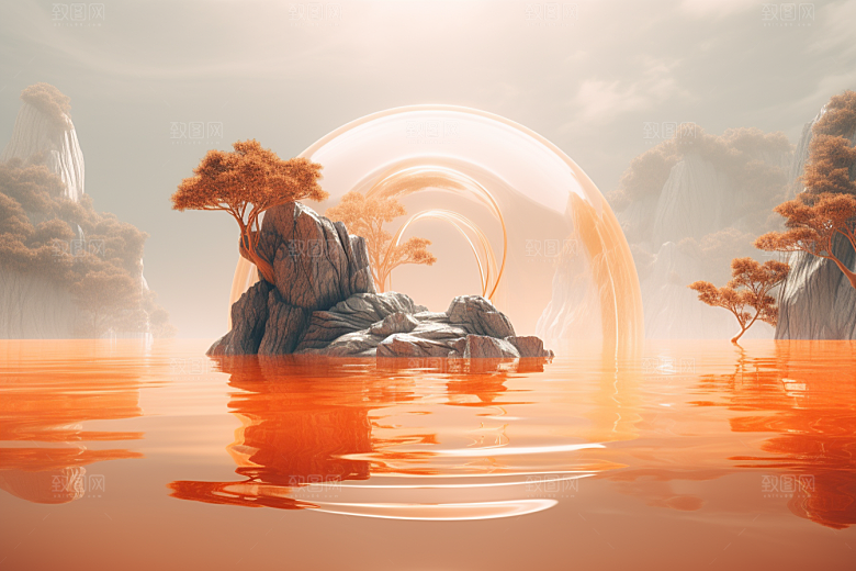 海岛水天一色梦幻插画