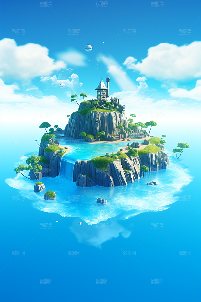 海岛高清水天一色插画