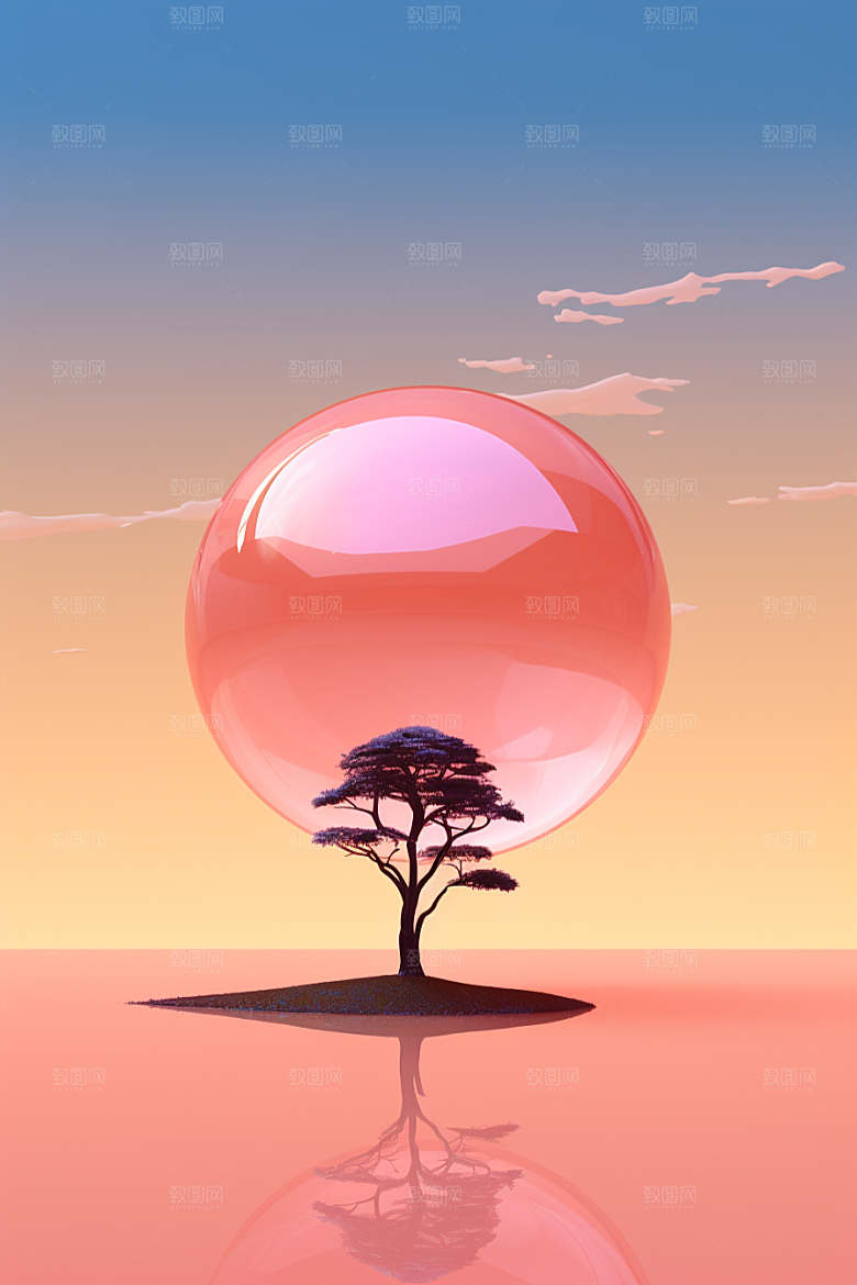 海岛水天一色孤岛插画