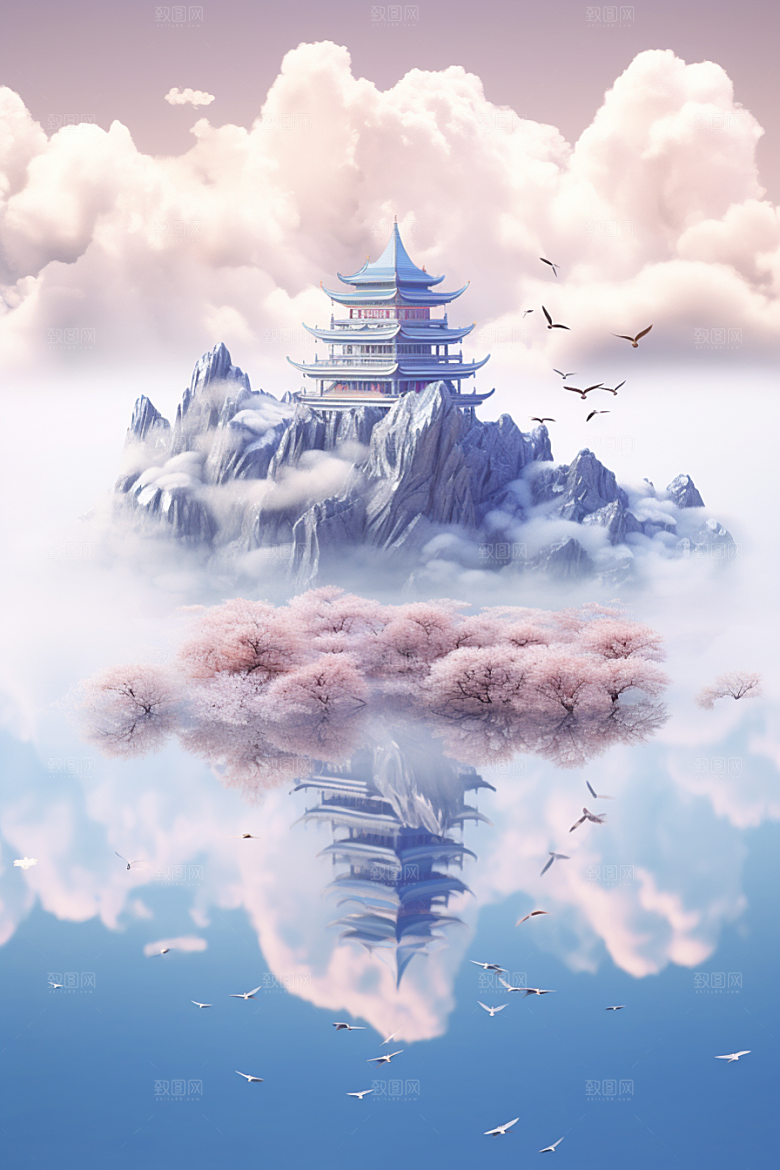 海岛清新水天一色插画