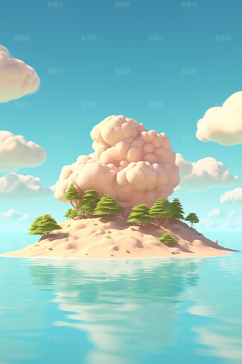 海岛水天一色清新插画