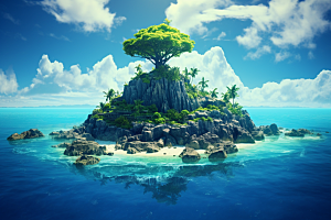 海岛艺术水天一色插画
