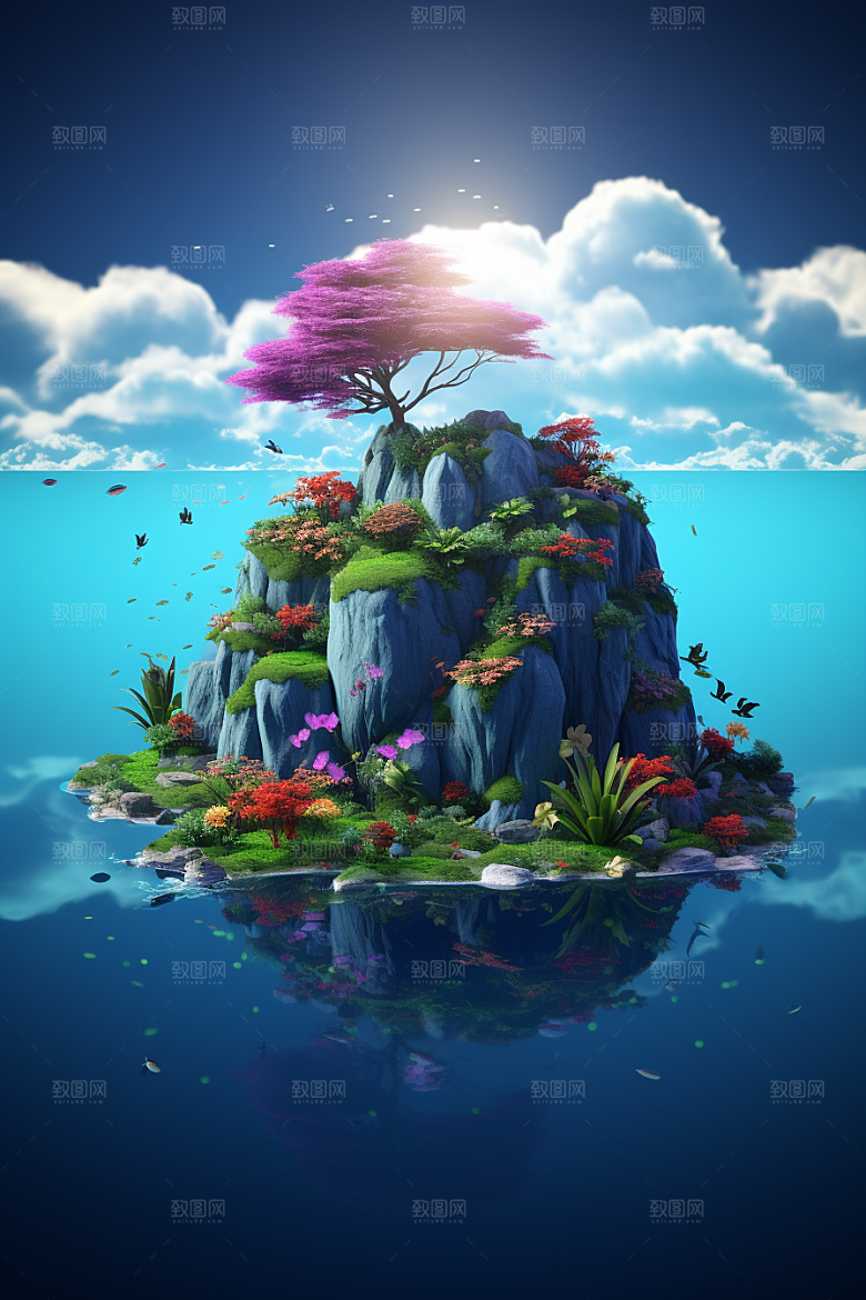 海岛高清水天一色插画