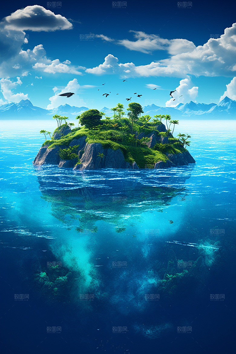 海岛清新水天一色插画
