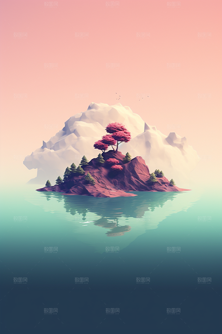 海岛水天一色大海插画