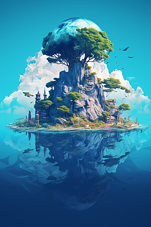 海岛小岛梦幻插画