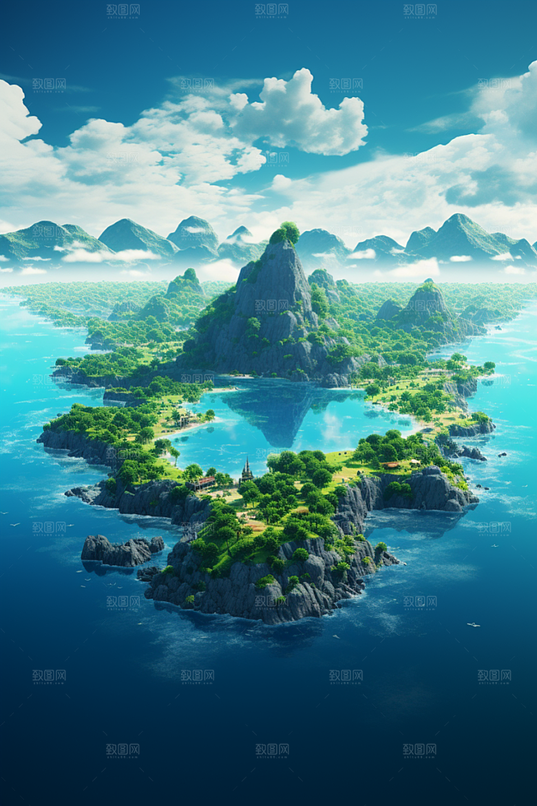 海岛水天一色大海插画