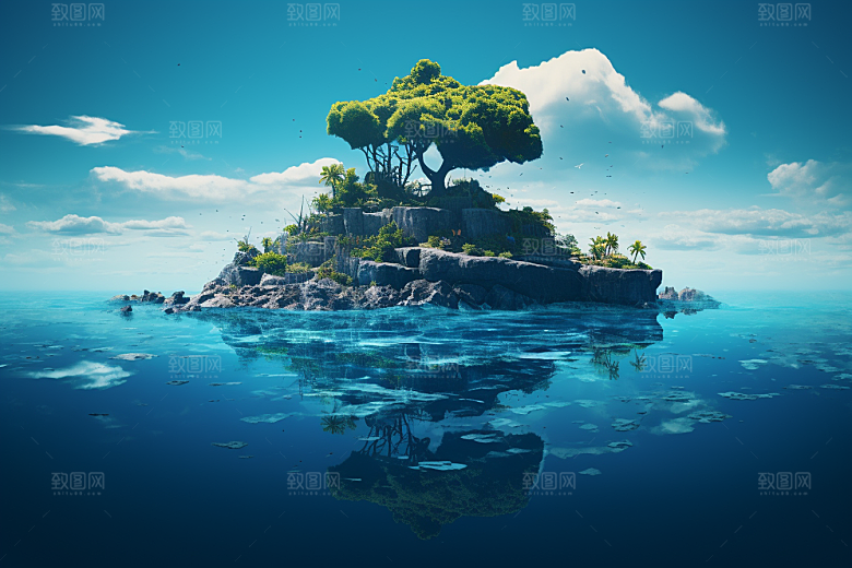 海岛水天一色梦幻插画