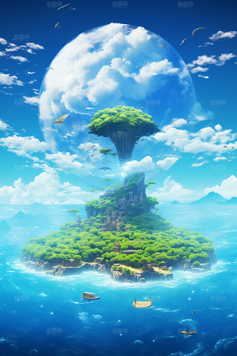 海岛小岛水天一色插画