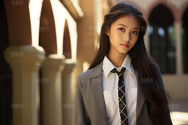 校服人物靓丽制服摄影图