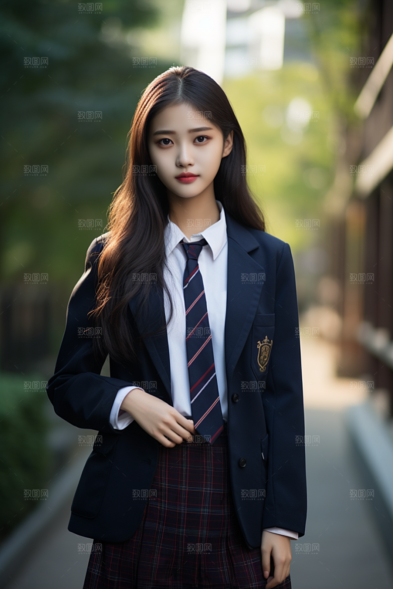 校服人物靓丽制服摄影图