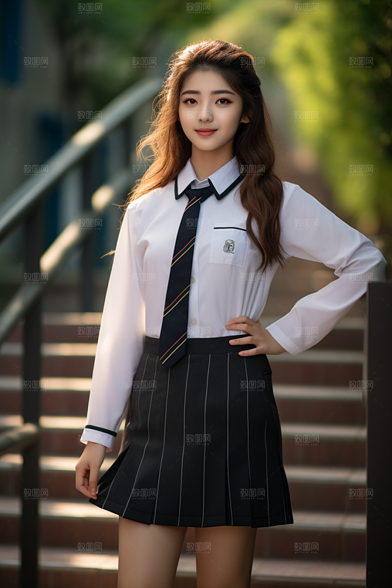 校服人物靓丽制服摄影图