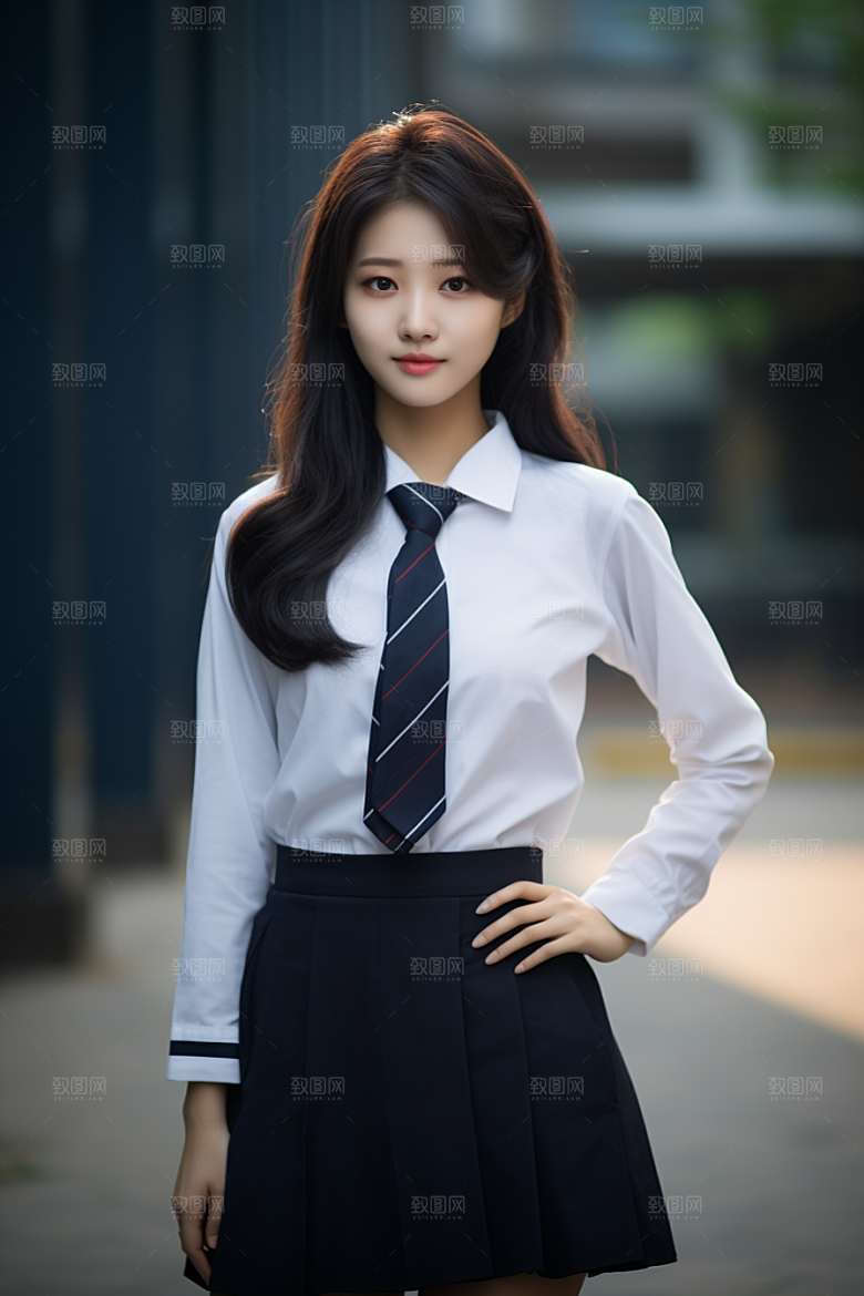 校服人物靓丽制服摄影图