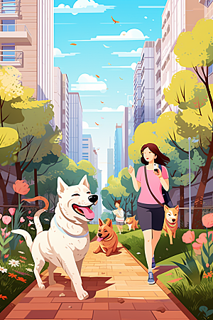 养狗生活遛狗插画素材