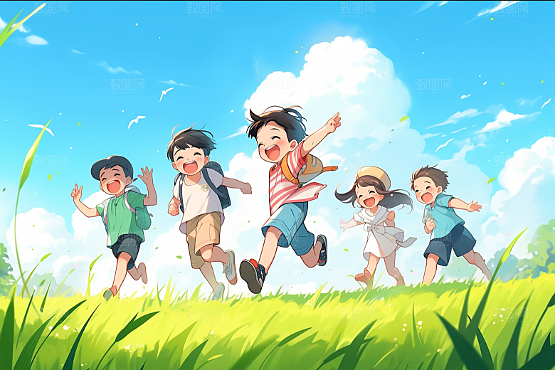 儿童春游开心漫画风插画