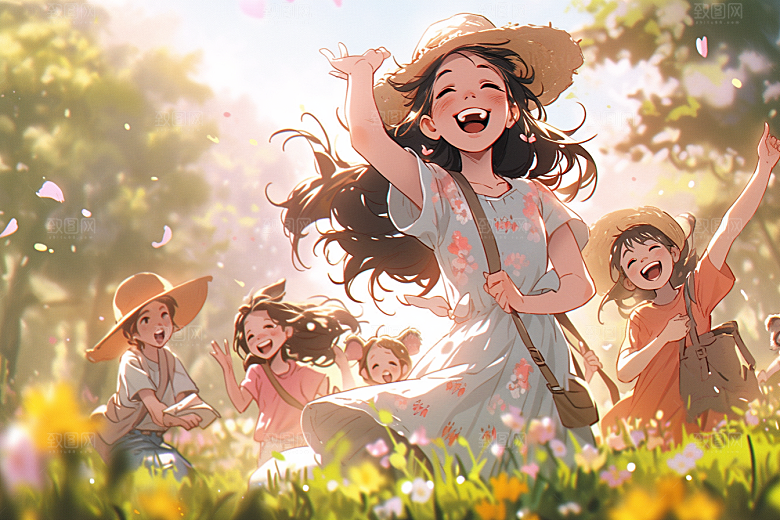 儿童春游春天郊游插画