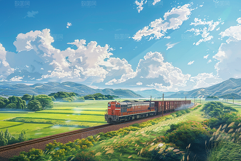 行驶中的火车山川列车素材