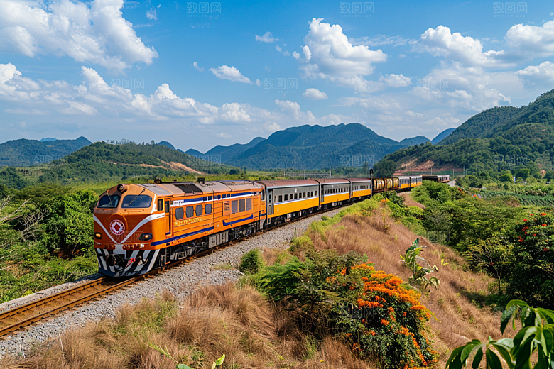 行驶中的火车穿梭山川素材