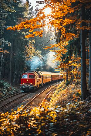 行驶中的火车穿梭山林素材