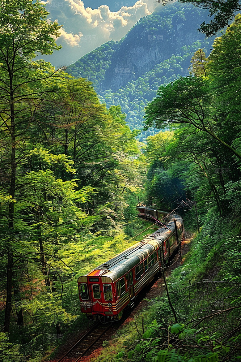 行驶中的火车列车山林素材