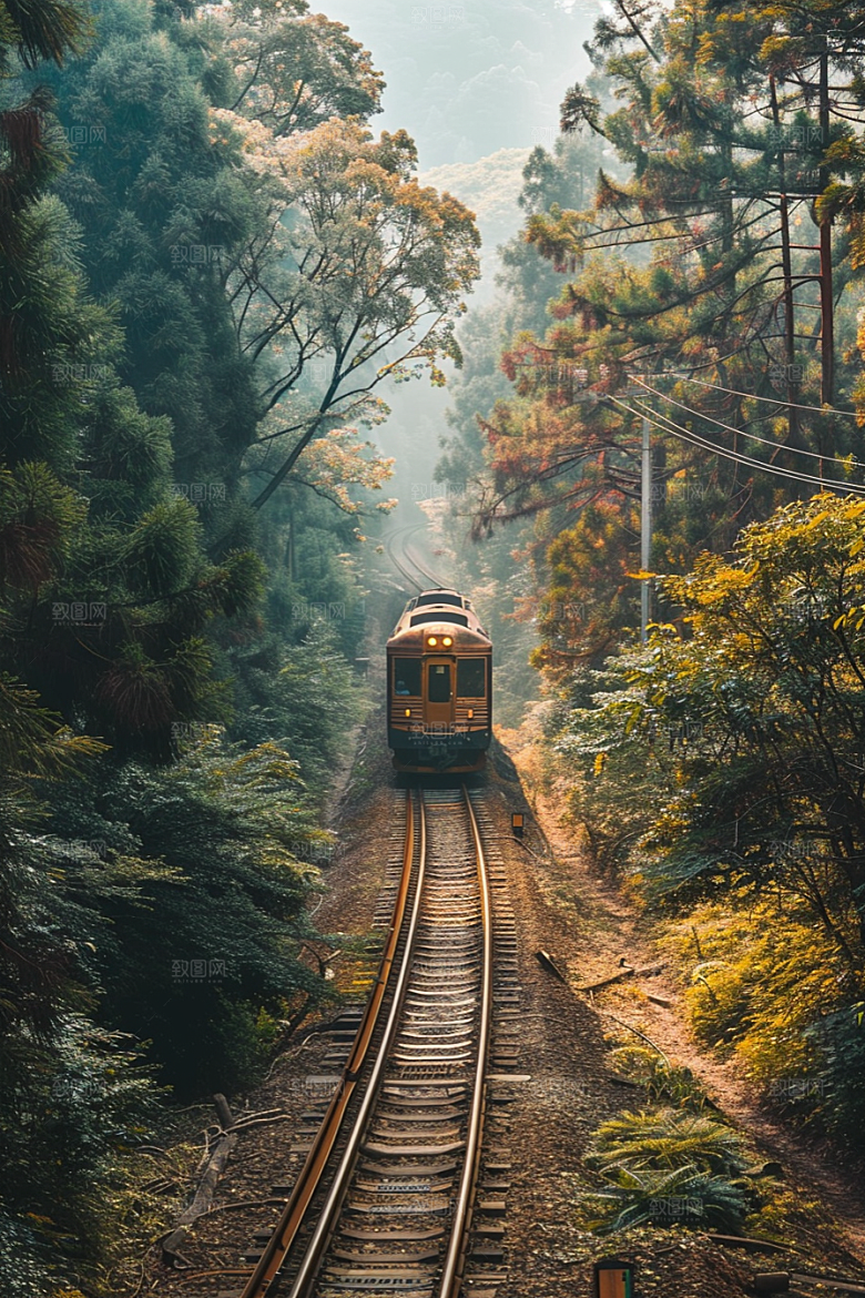 行驶中的火车铁路山林素材