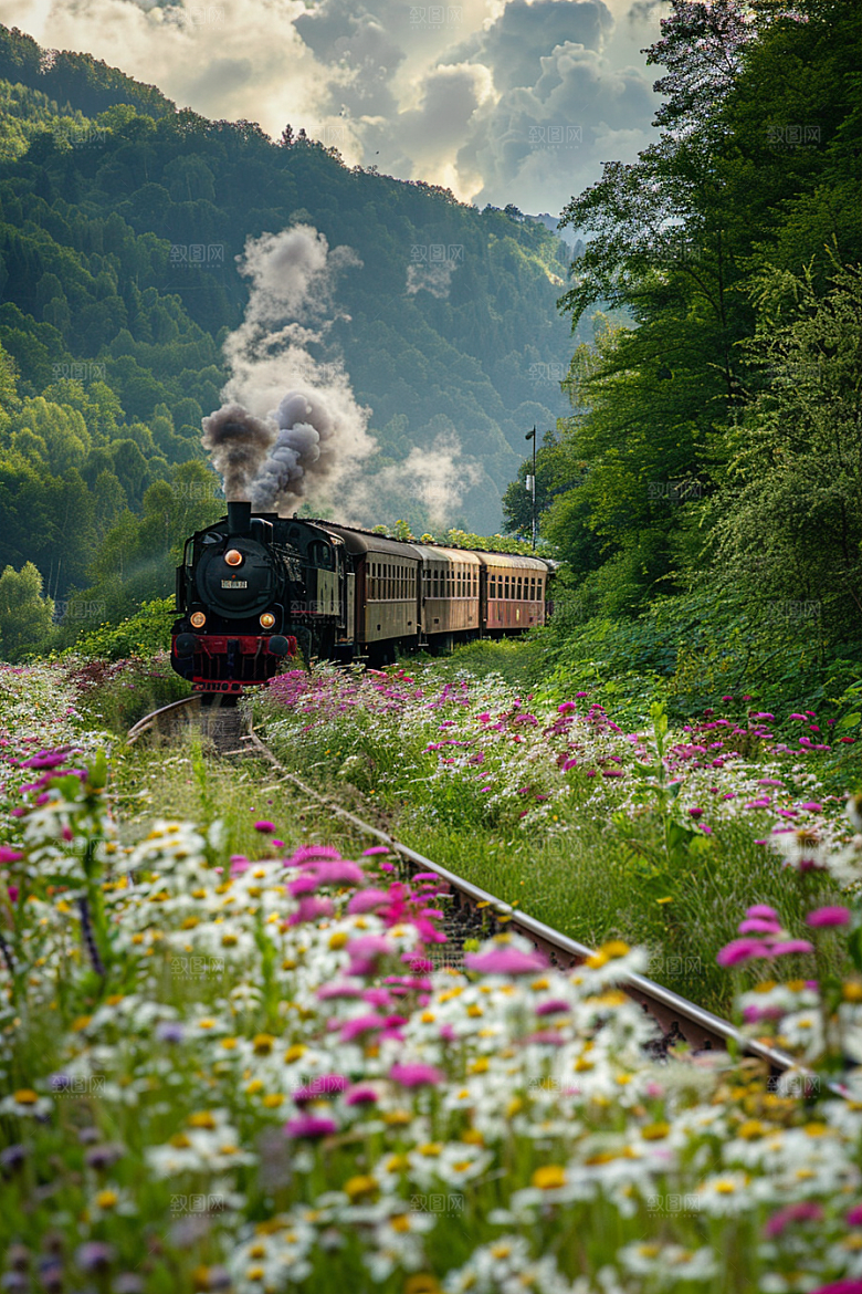 行驶中的火车风景山林素材