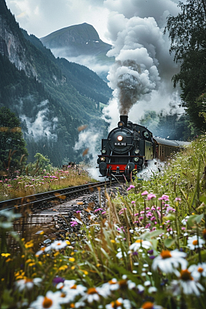 行驶中的火车山川山林素材