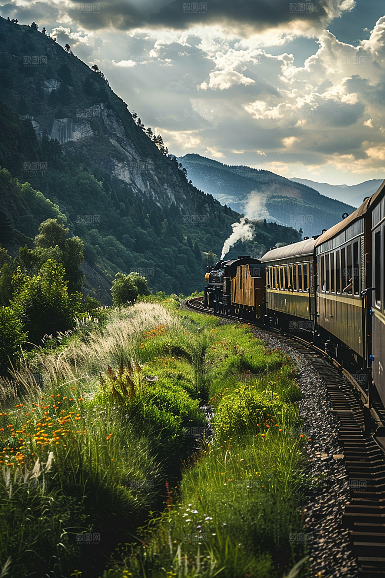 行驶中的火车风景山林素材