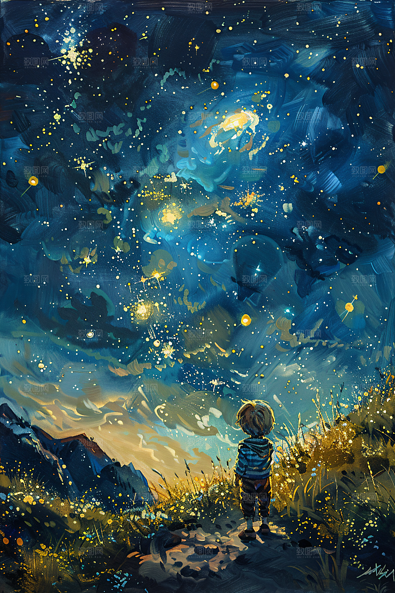 麦田里的小男孩自然星空油画
